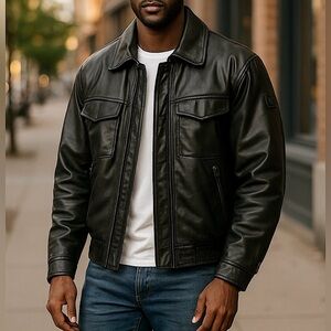 First Gear Scout Leather Thermoliner Motorcycle Jacket, Black, Mens 46